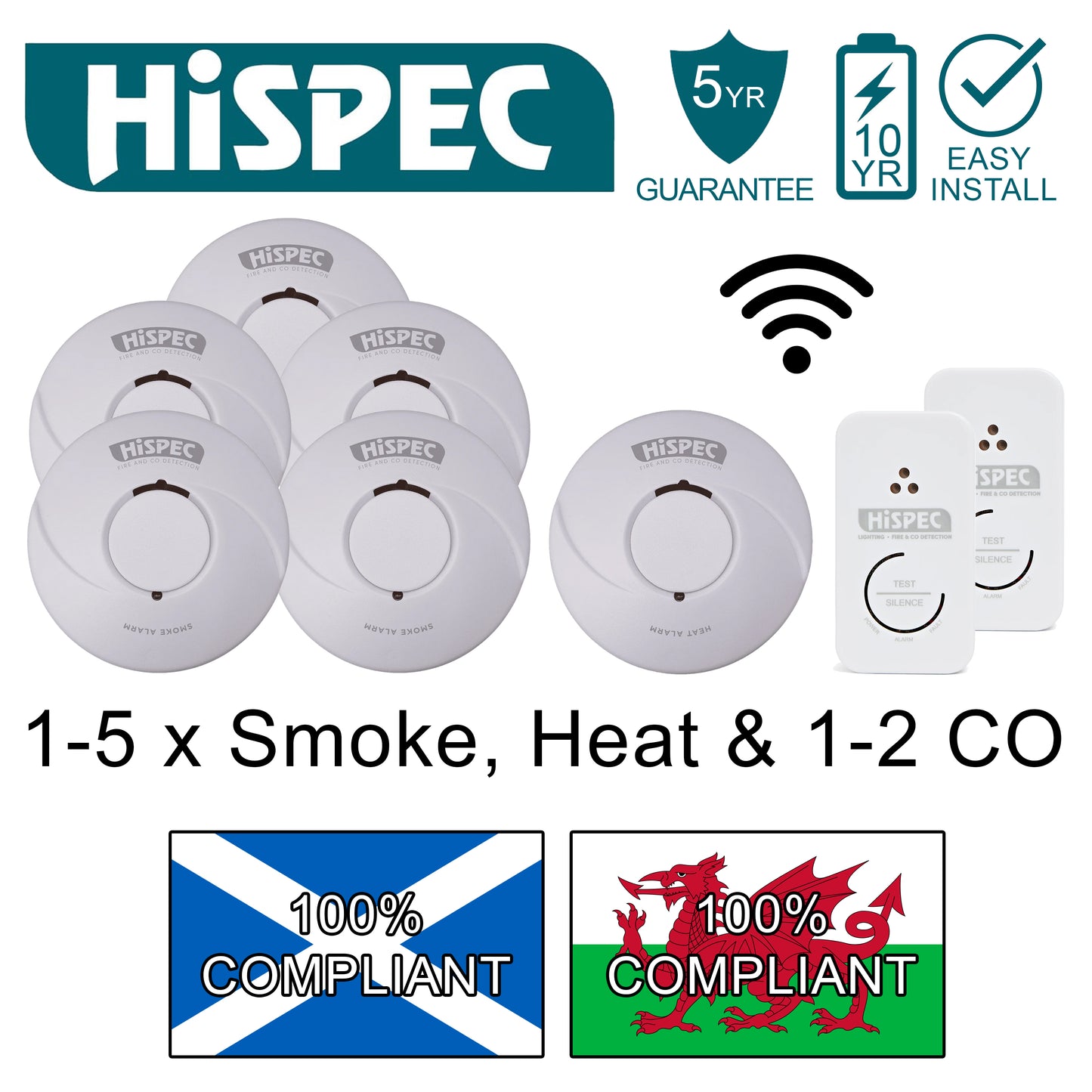 Hispec RF Pro Wireless Interlink 10yr Lithium Smoke, Heat & CO Alarm Kits