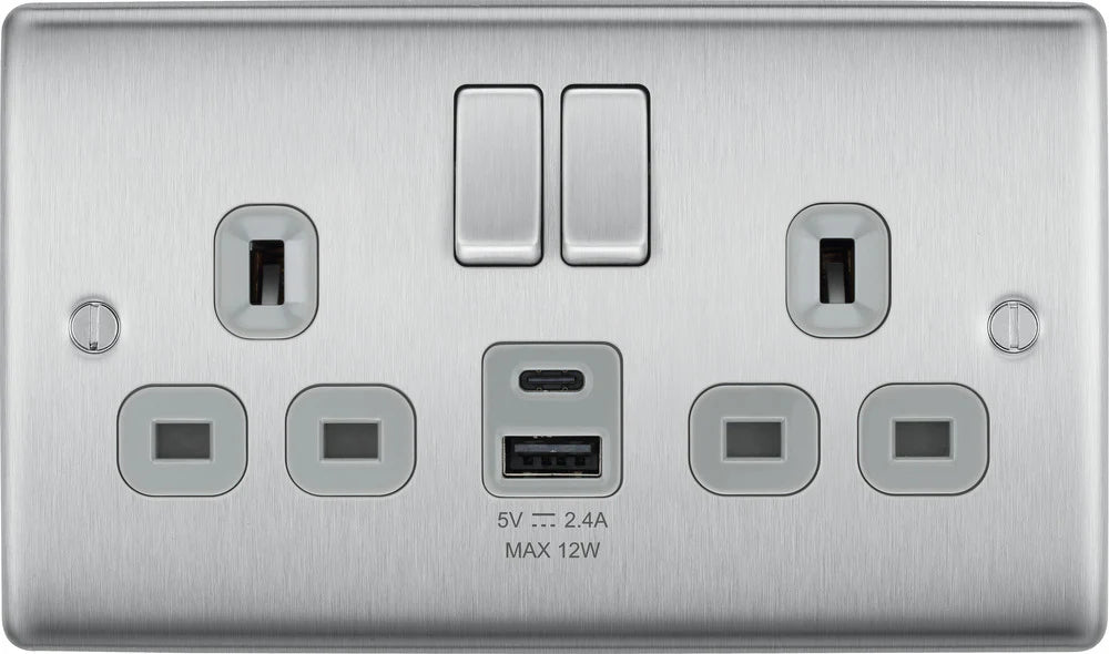 BG Nexus Decorative Brushed Steel Wiring Accessories Complete Range Grey Inserts