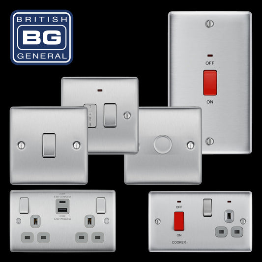 BG Nexus Decorative Brushed Steel Wiring Accessories Complete Range Grey Inserts