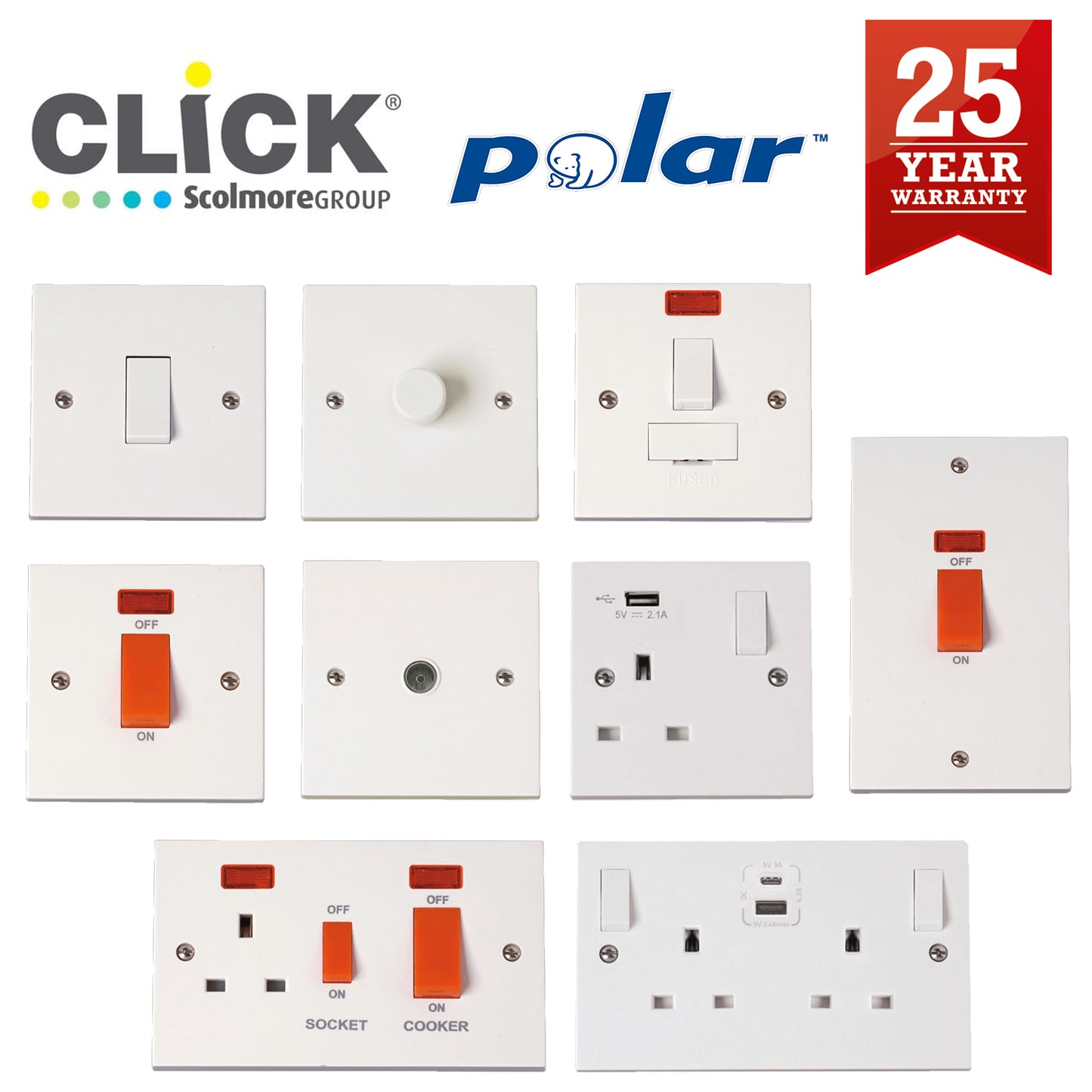 Click Polar Premium White Square Edge Switches, Sockets & Accessories