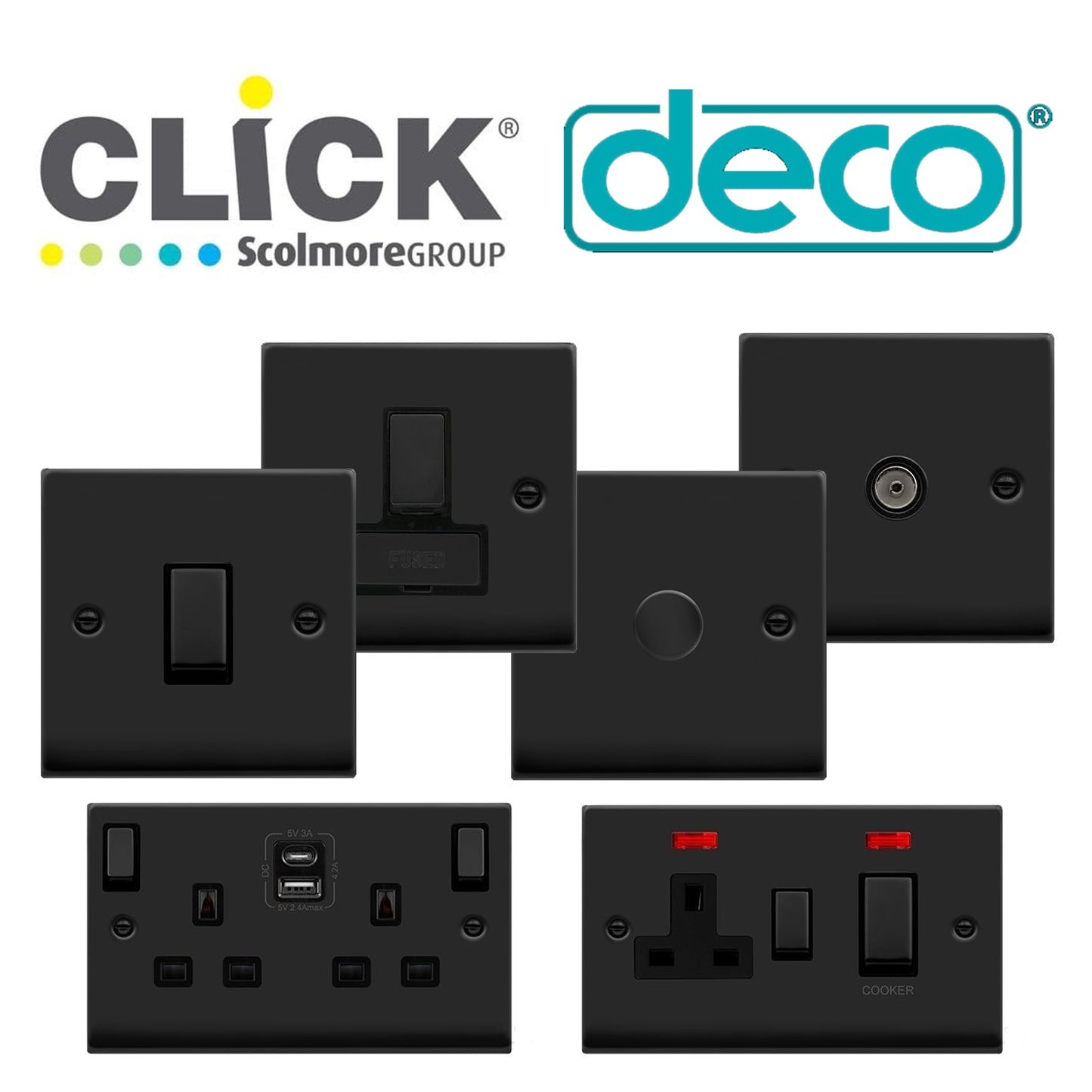 Click Deco Matt Black Wiring Accessories Switches Sockets USB Complete Range