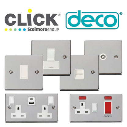 Click Deco Polished Chrome Wiring Accessories Switches Sockets USB White Inserts