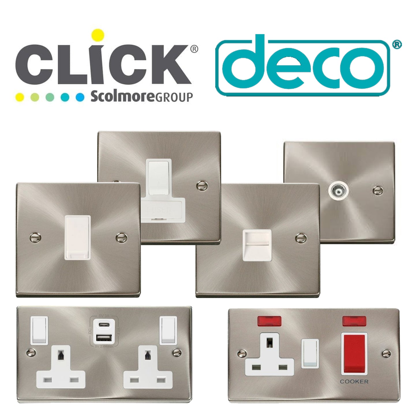 Click Deco Satin Chrome Wiring Accessories Switches Sockets USB White Inserts