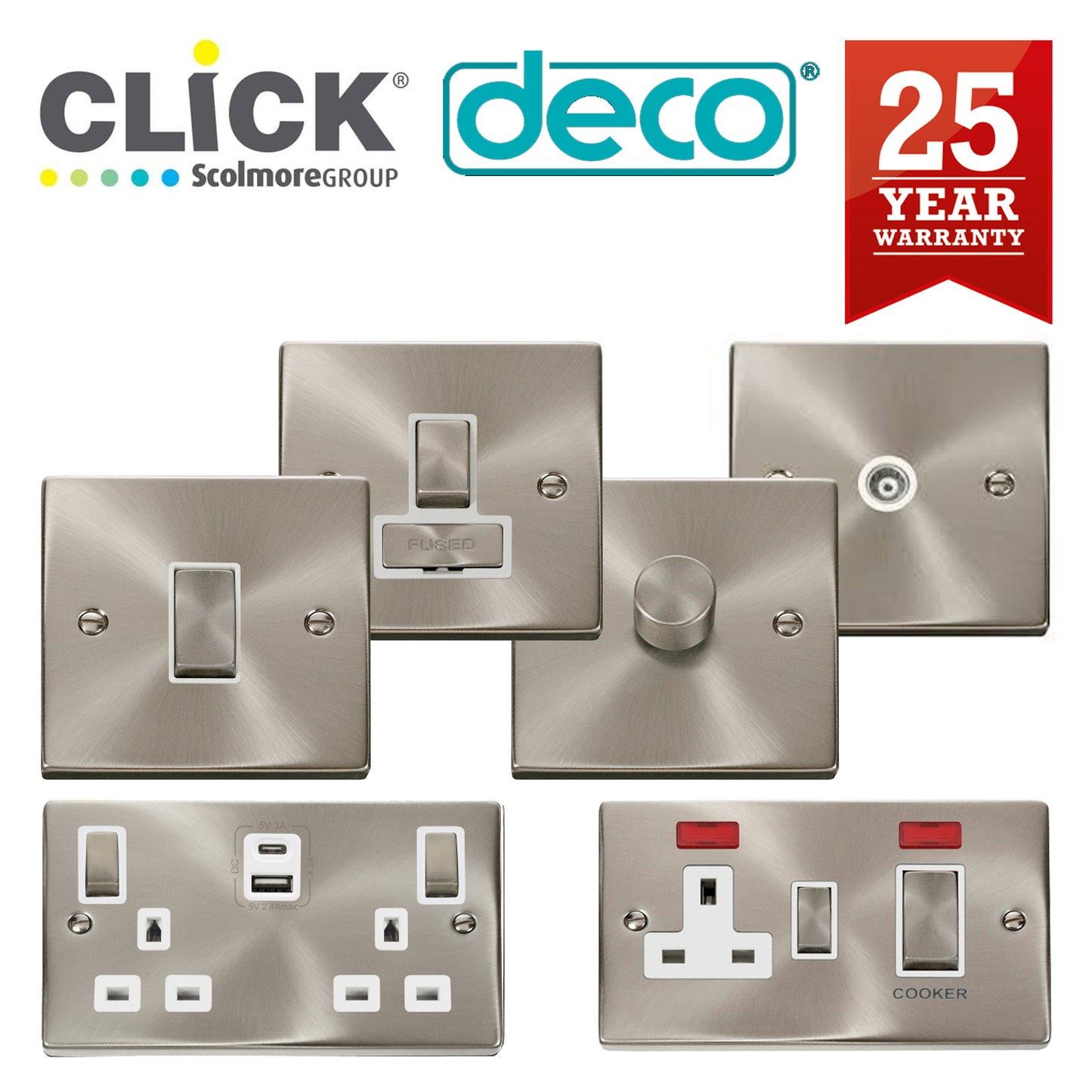 Click Deco Satin Chrome Wiring Accessories Switches Sockets USB Ingot/White Inserts