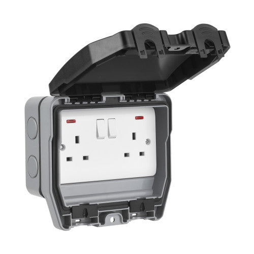 Elex WP2GSS IP66 Outdoor Twin 2 Gang 13A Double Pole DP Switched Socket with Power Indicators