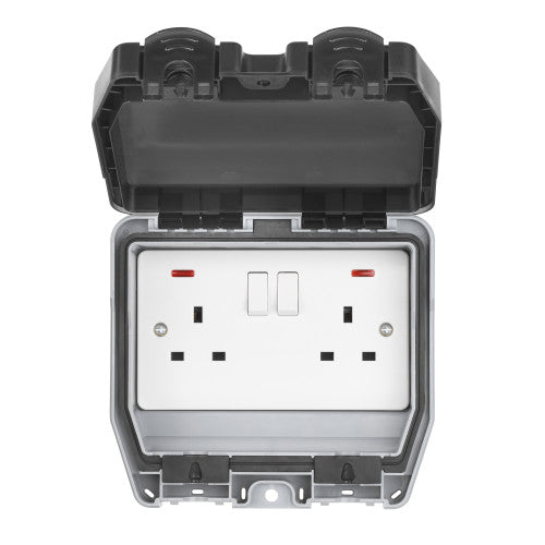 Elex WP2GSS IP66 Outdoor Twin 2 Gang 13A Double Pole DP Switched Socket with Power Indicators