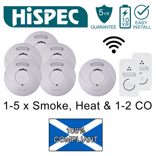 Hispec RF Pro Wireless Interlink 10yr Lithium Smoke, Heat & CO Alarm Kits