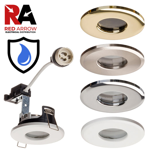 Red Arrow Hoop Plus IP65 Fixed GU10 Die-Cast Downlights White, Chrome, Satin, Brass