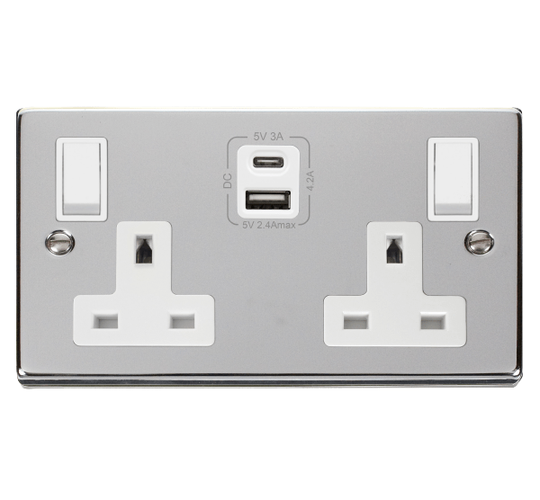 Click Deco Polished Chrome Wiring Accessories Switches Sockets USB White Inserts