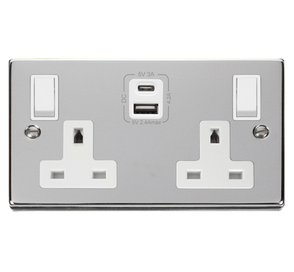 Click Deco Polished Chrome Wiring Accessories Switches Sockets USB White Inserts