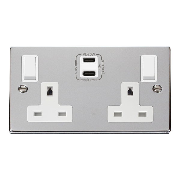 Click Deco Polished Chrome Wiring Accessories Switches Sockets USB White Inserts