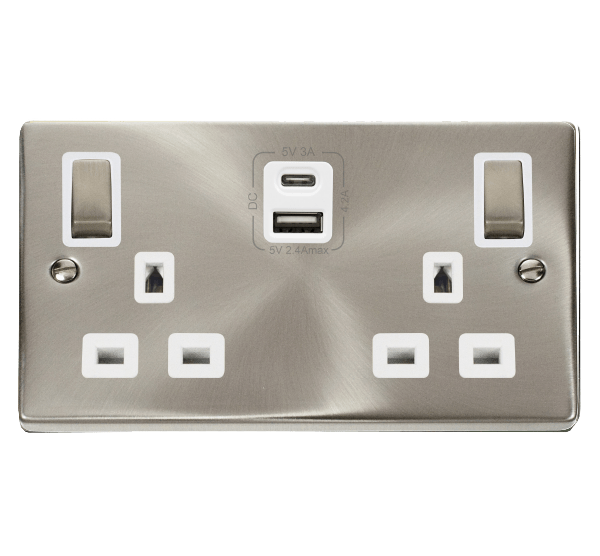 Click Deco Satin Chrome Wiring Accessories Switches Sockets USB Ingot/White Inserts