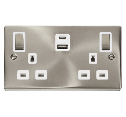 Click Deco Satin Chrome Wiring Accessories Switches Sockets USB Ingot/White Inserts