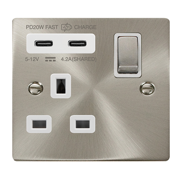 Click Deco Satin Chrome Wiring Accessories Switches Sockets USB Ingot/White Inserts