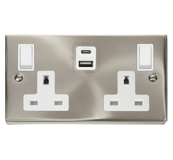 Click Deco Satin Chrome Wiring Accessories Switches Sockets USB White Inserts