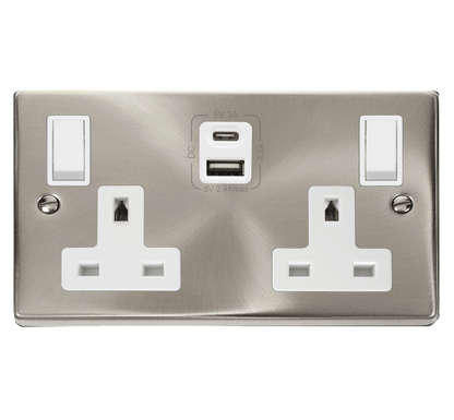 Click Deco Satin Chrome Wiring Accessories Switches Sockets USB White Inserts