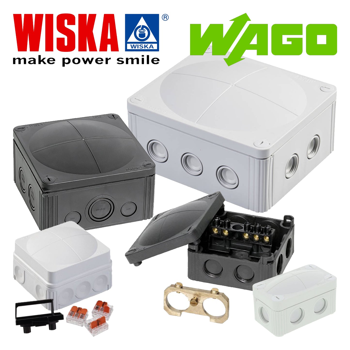 Wiska Combi Boxes, All Sizes, Colours, Empty, Terminals, Earthing Clamps, Wagos, IP68 Gel
