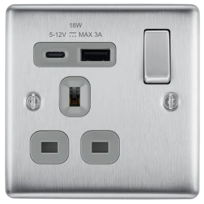 BG Nexus Decorative Brushed Steel Wiring Accessories Complete Range Grey Inserts