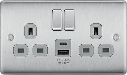 BG Nexus Decorative Brushed Steel Wiring Accessories Complete Range Grey Inserts